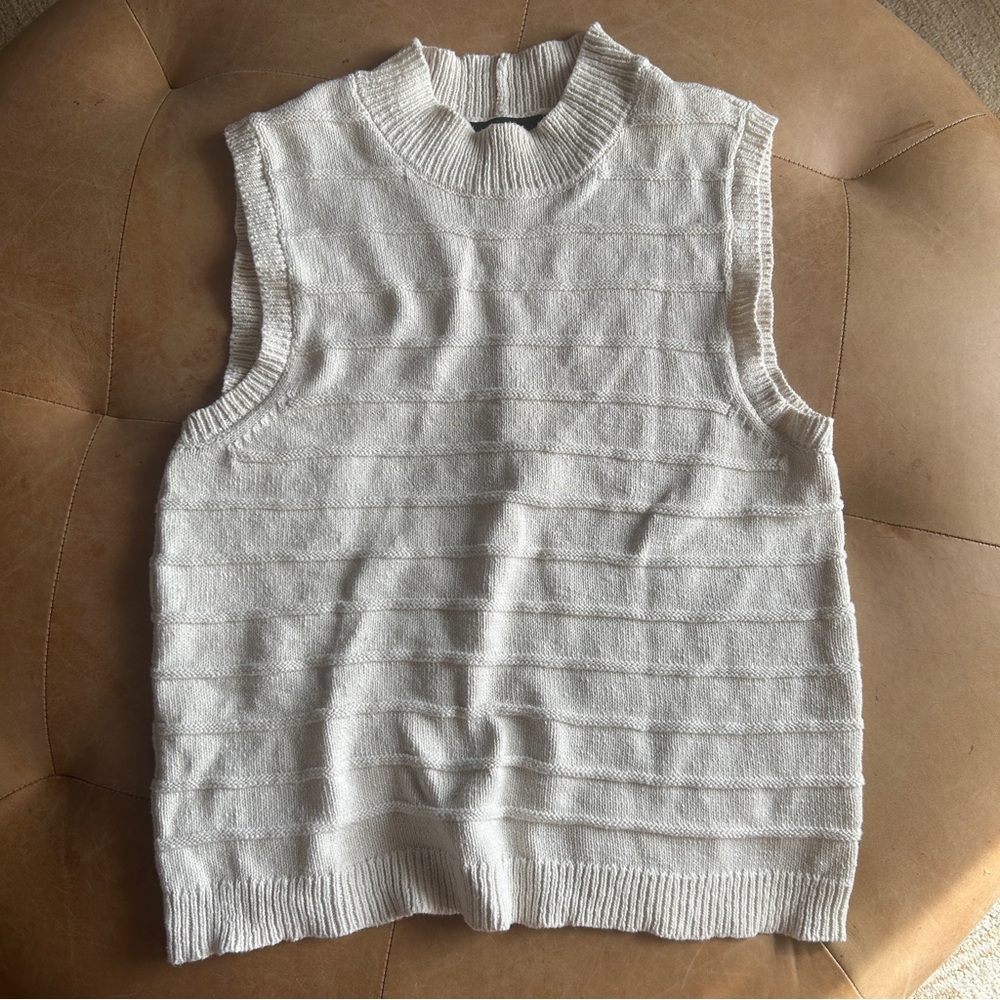 Cotton Knit Sweater Vest Mock Neck Minimalist Capsule Layering Cream Women L San